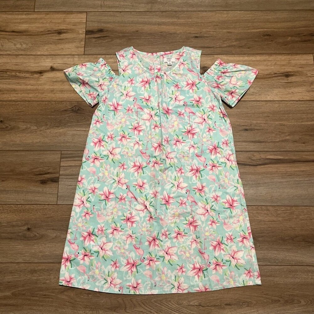 Crown & Ivy Kids Flamingo Floral Dress SZ 16 Green Pink Open Shoulders Girls